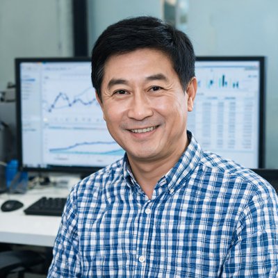 老周，数据工程师，中年男性，面带微笑，穿着格子衬衫