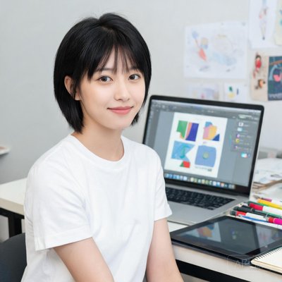 小杨，视觉设计师，年轻女性，短发，穿着白色T恤